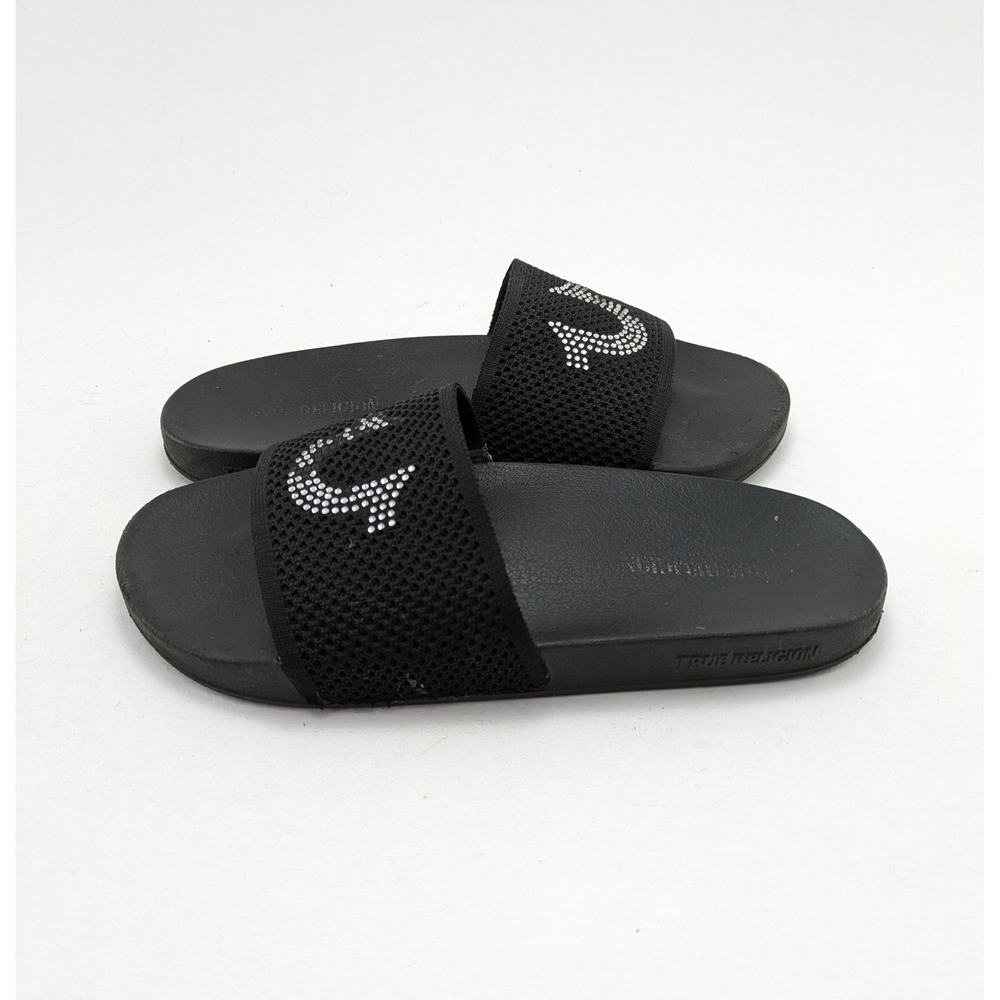 Womens TRUE RELIGION Lylah Black Horseshoe Rhinestone Slides Sandals Size‎ 9